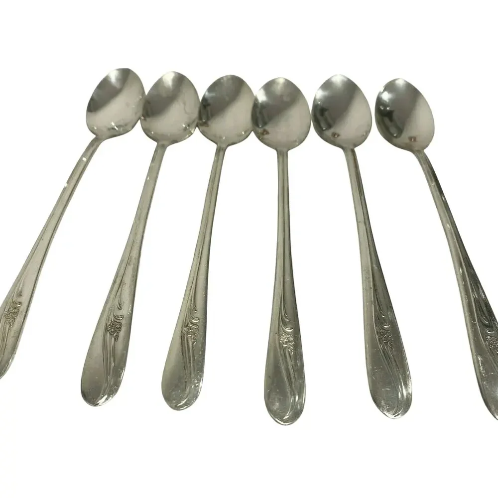 Vintage Silverplated Iced Tea Spoons (6) H & T Mfg Co Meadow Flower Circa 1940